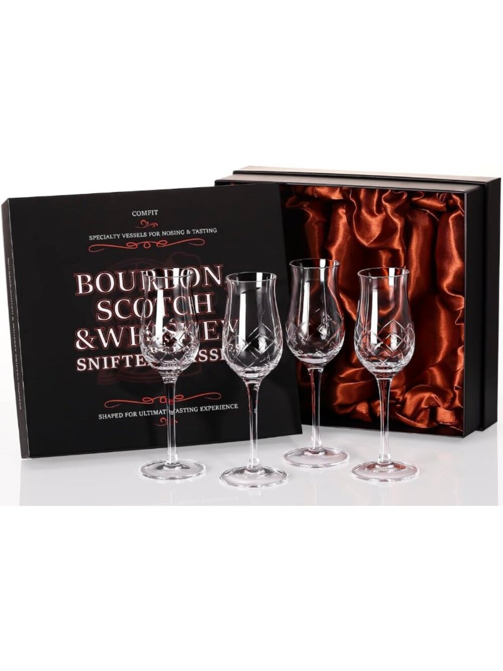 Elegant Engraved Crystal Snifter Glasses Set of 4 for Whiskey, Brandy & Cognac